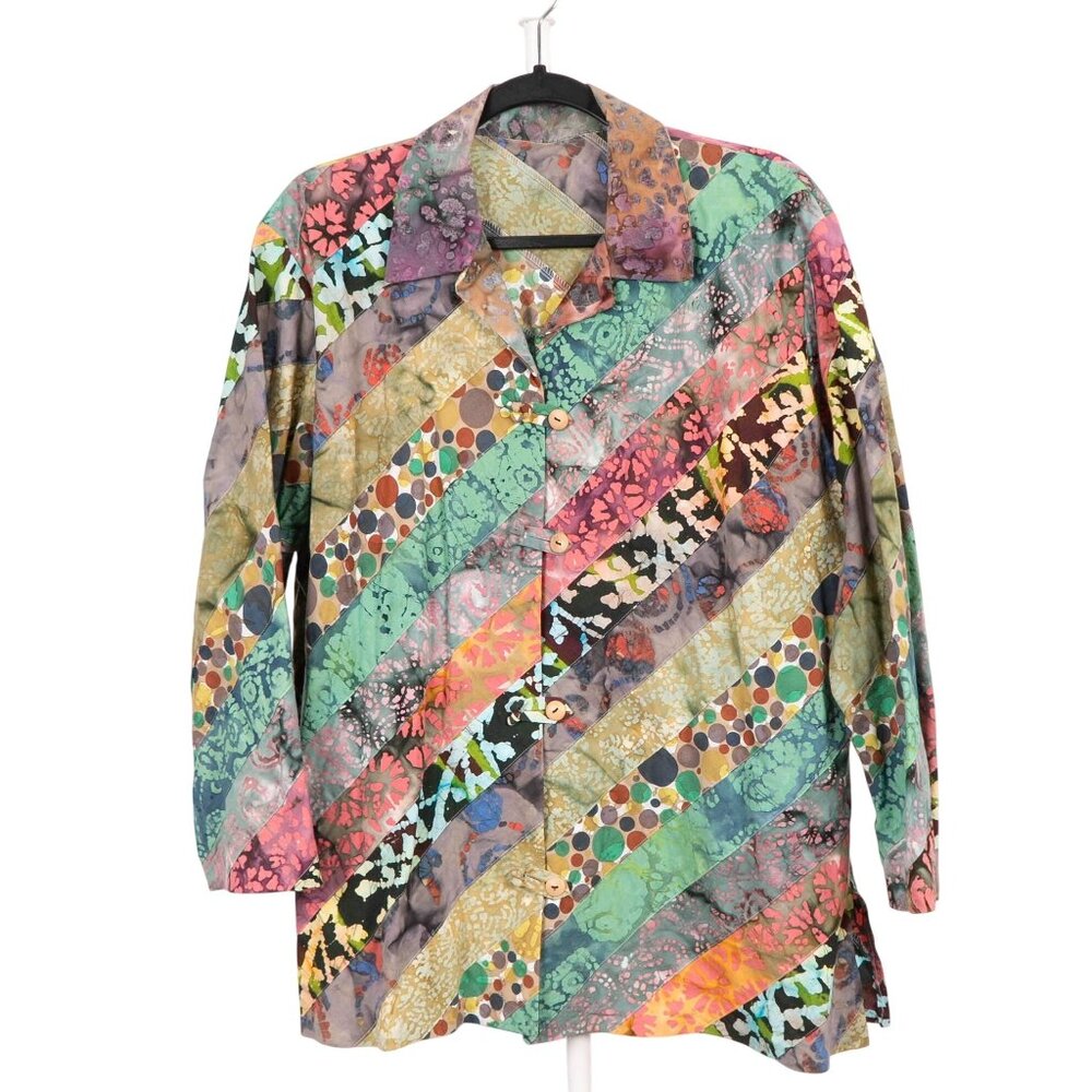 Boho Button Up Shirt Jacket L Diagonal Stripes Tie Dye Art to Wear Toggles Color - Picture 1 of 5
